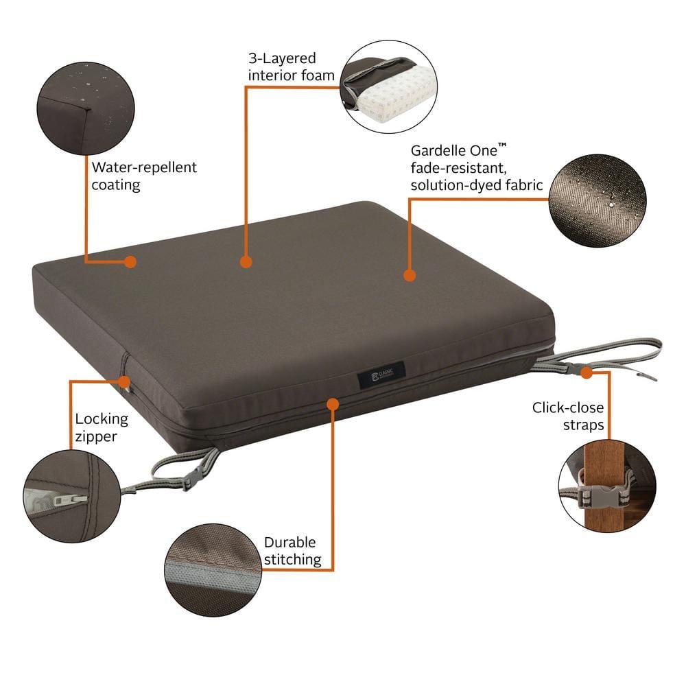 Classic Accessories Ravenna® Square Patio Seat Cushion Slip Cover & Foam - Durable Outdoor Cushion, Dark Taupe, 19"W x 19"D x 3"Thick