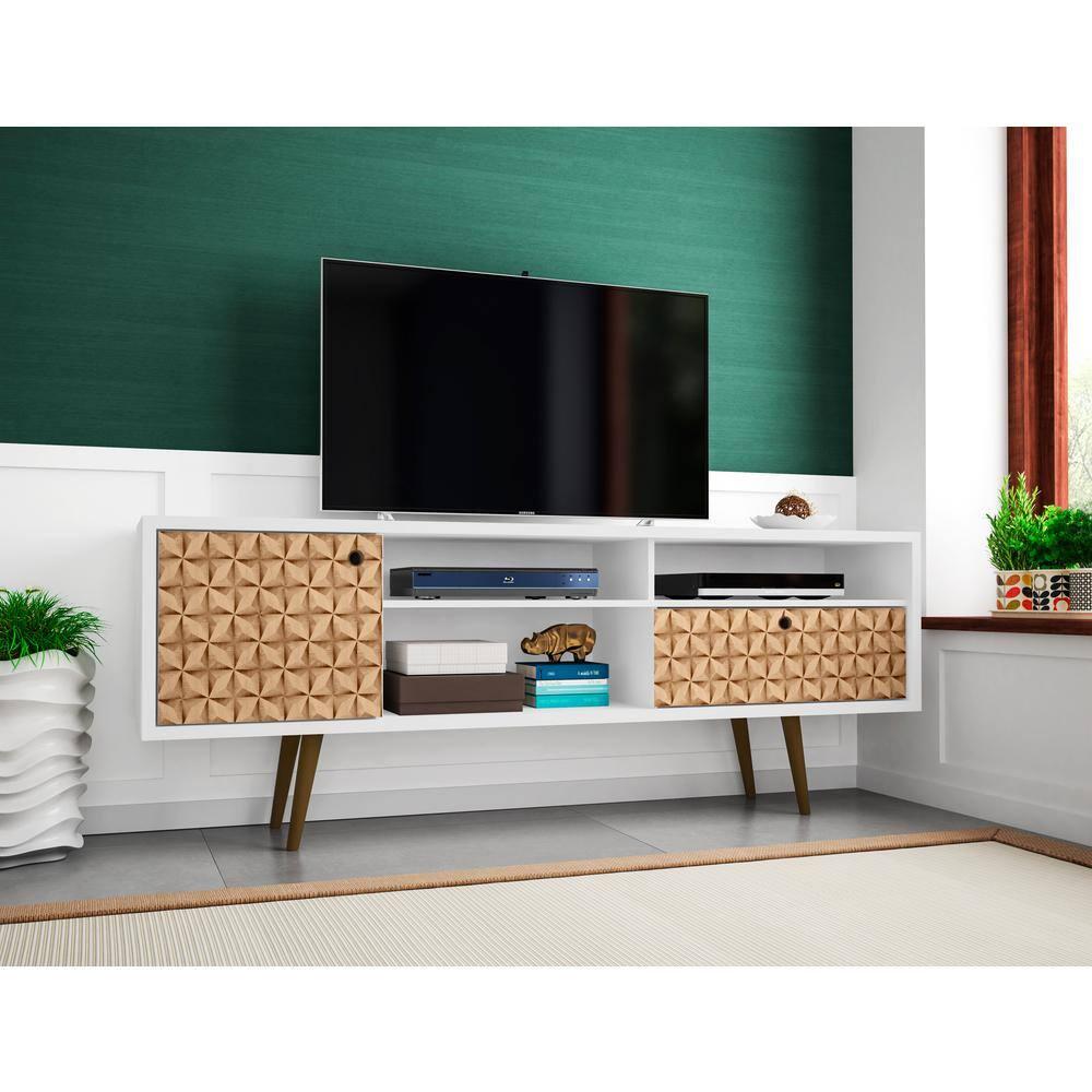 Manhattan Comfort 202AMC67 70.86 in. Liberty Mid-Century - Modern TV Stand with 4 Shelving Spaces & 1 Drawer, White & 3D Brown Prints