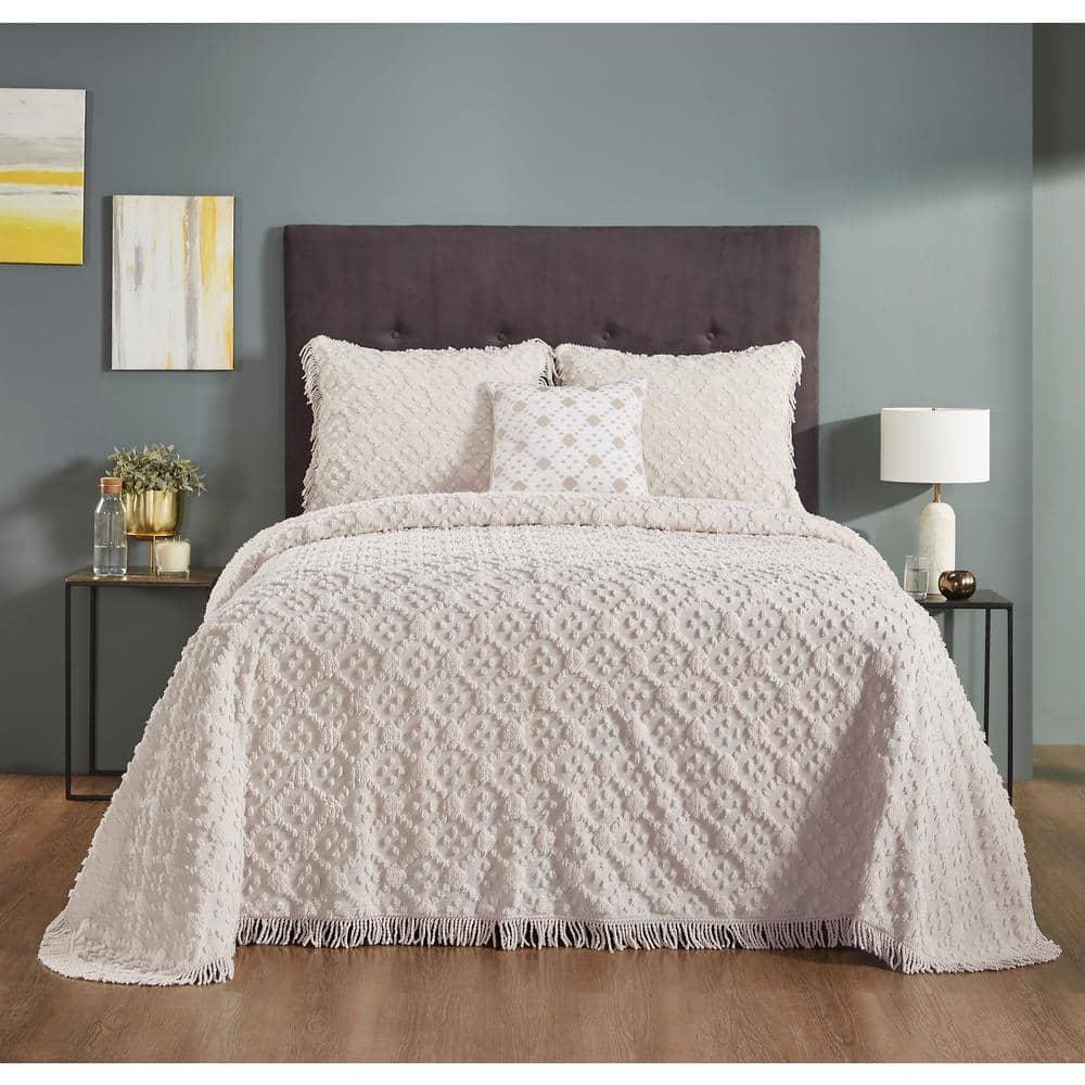 Better Trends Charleston Collection 100% Cotton Bedding sets, Machine Washable Soft and Breathable 4-piece Chenille Bedspread & Sham with Geometric Embroidery, All season