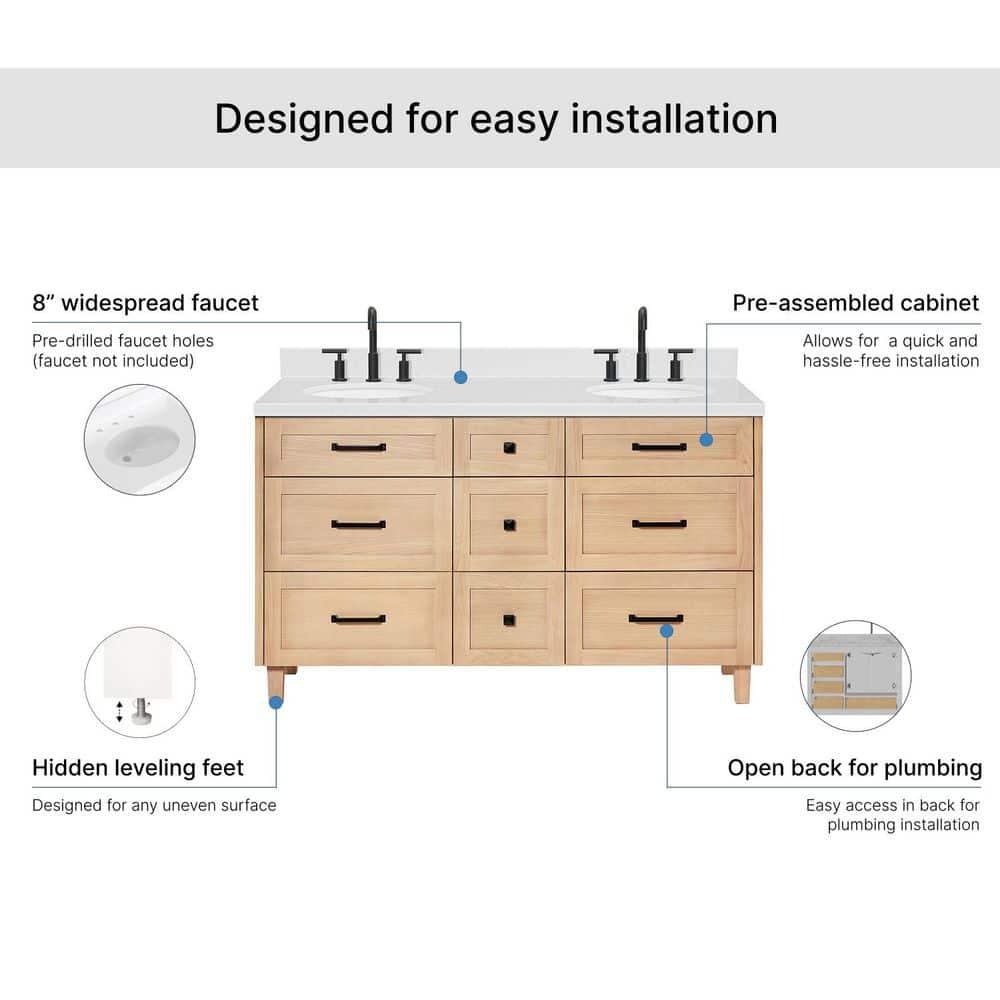 Ariel Bath Ariel Monrow 60 Inch Double Oval Sink Bathroom Vanity With Carrara Quartz Countertop