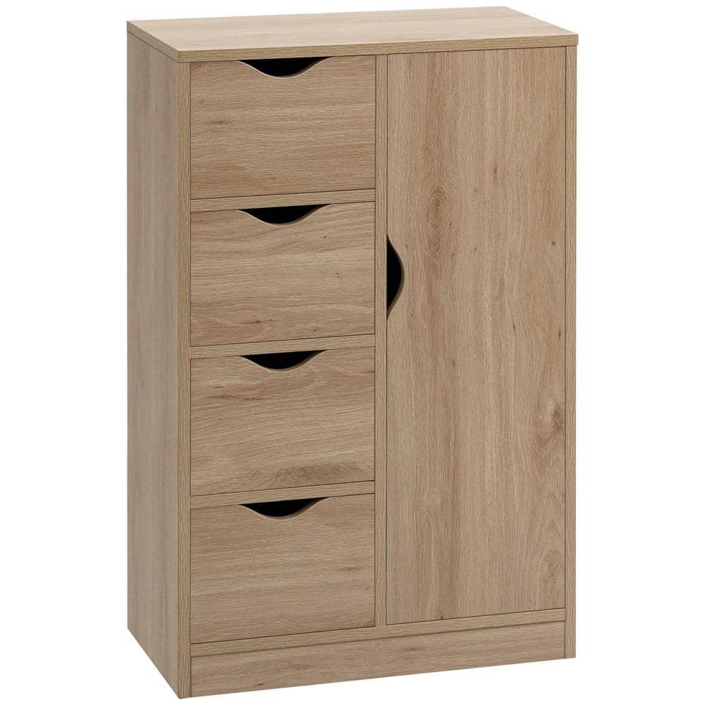 HOMCOM Freestanding Storage Cabinet, Bathroom Floor Cabinet with 4 Drawers and Door, Oak