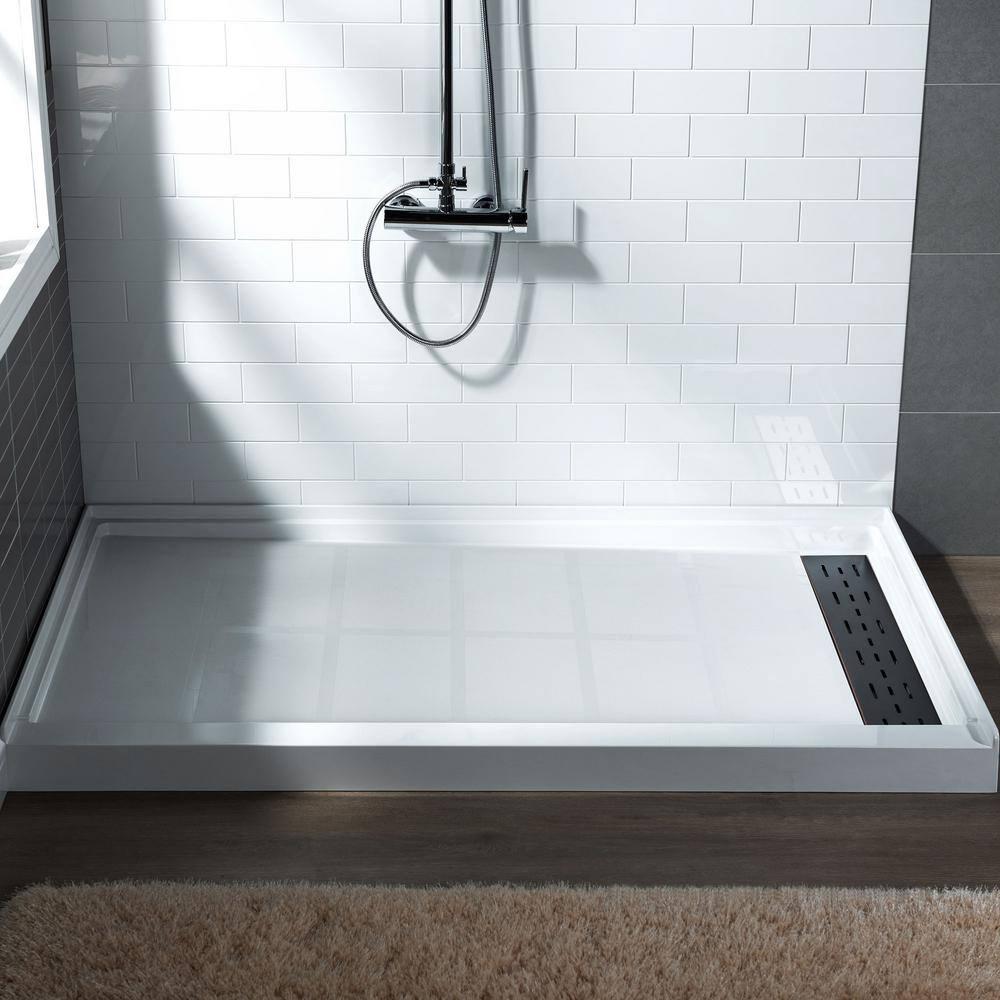 60" x 36" Solid Surface Single Threshold Shower Pan Base with Drain Assembly & Drain Cover Included, Non-Slip