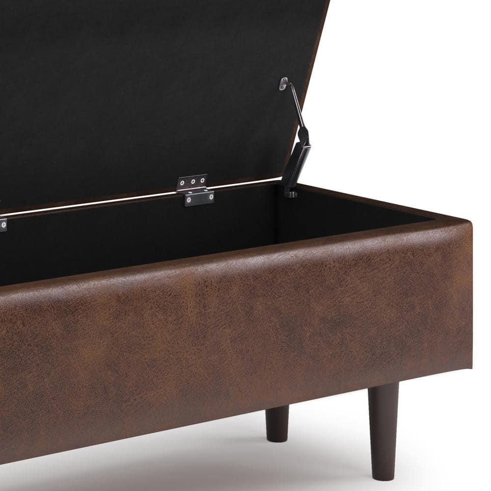 Simpli Home Shay 48 in.W Modern Storage Ottoman in Distressed Chestnut Brown Faux Leather