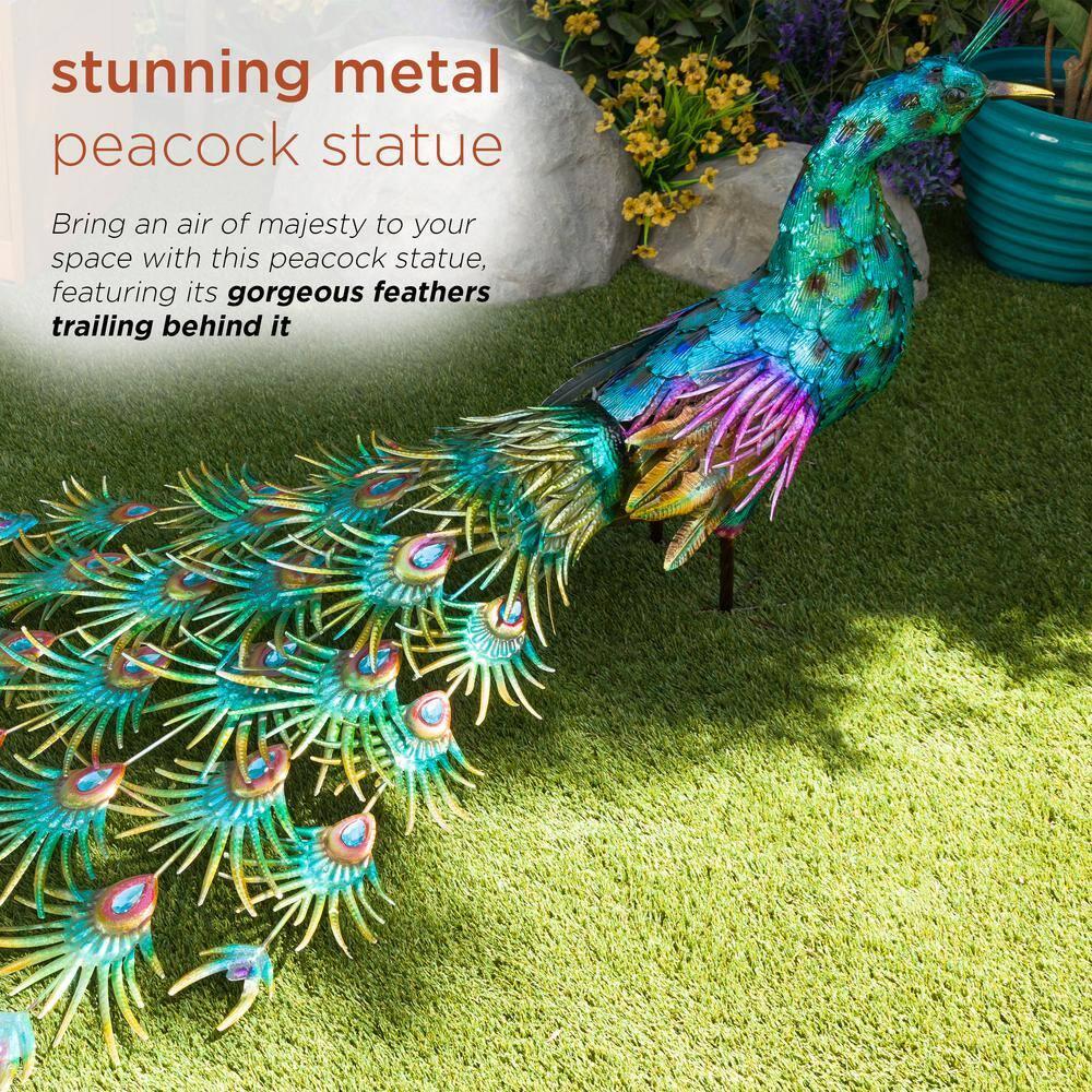 Alpine Corporation Jumbo Size Blue Majestic Tail Down Peacock Décor: 53"L Iron Garden Statue