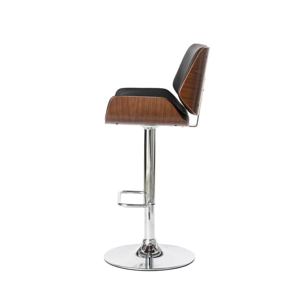 Set of 2 Leatherette Adjustable Height Swivel Bar Stools Chrome Plated Base Black - Glitzhome: Mid-Century, Curved Back, Pneumatic