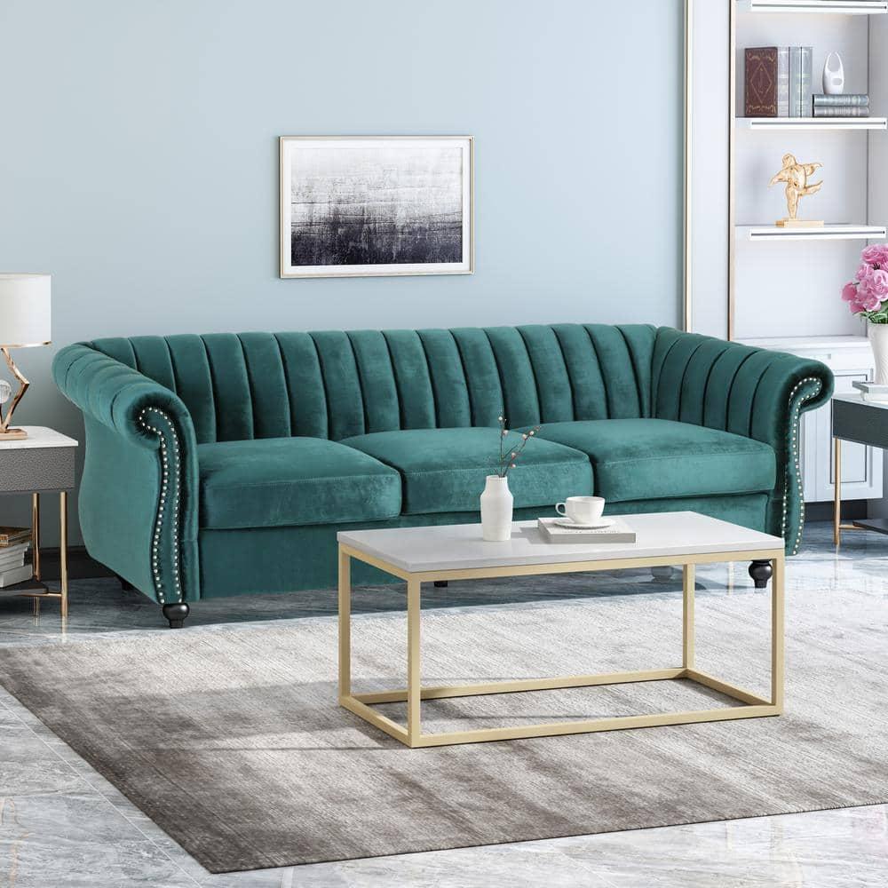 Noble House Fenix Velvet Channel Stitch 3 Seater Sofa, Teal