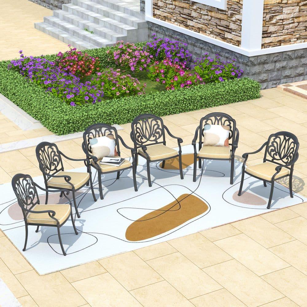 Hzzkey Outdoor Aluminum Dining Arm Chairs - Set of 6, Black, Random Color Cushions