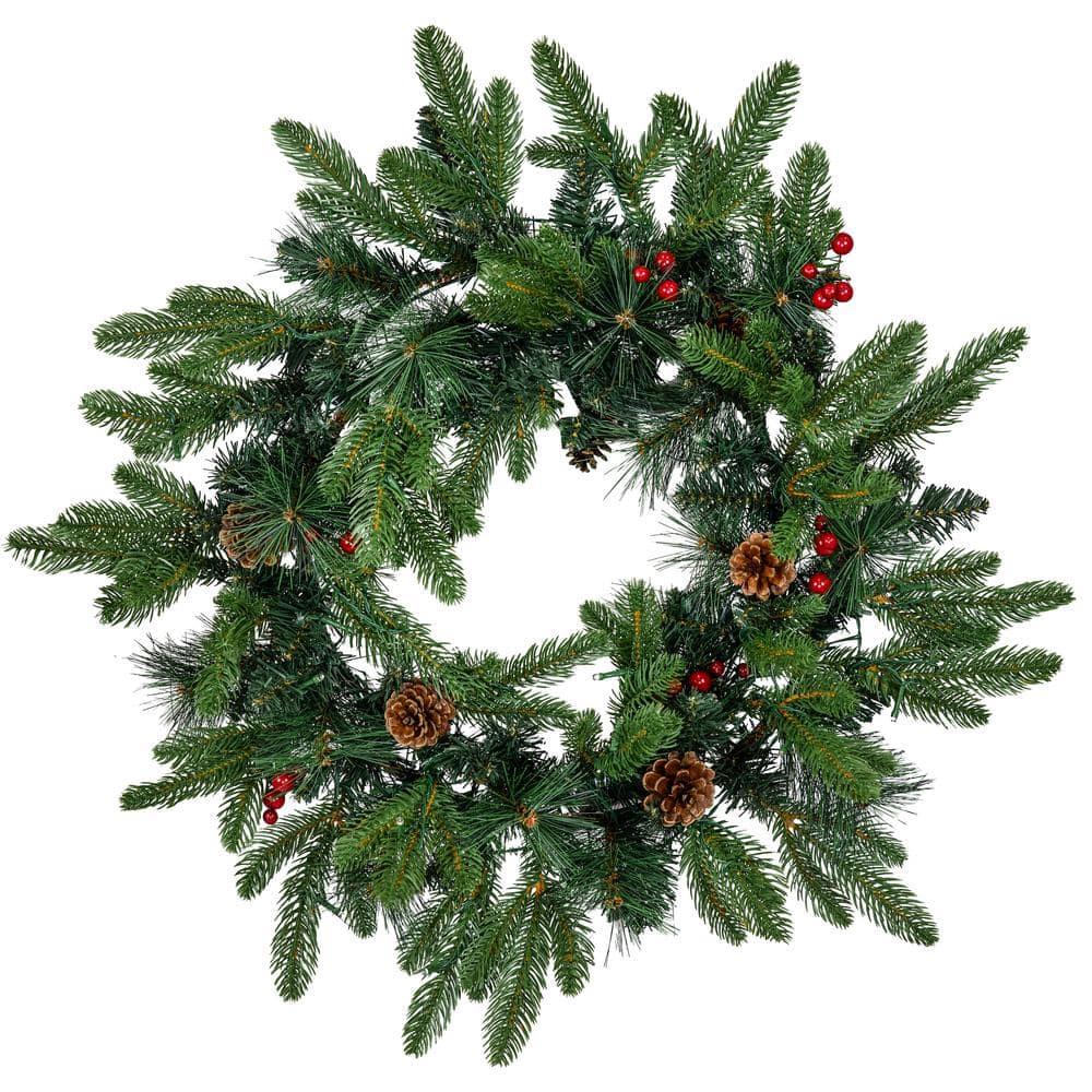 Sunnydaze 24" Diameter Indoor or Outdoor PVC Christmas Wreath with Pinecones and Berries - Traditional