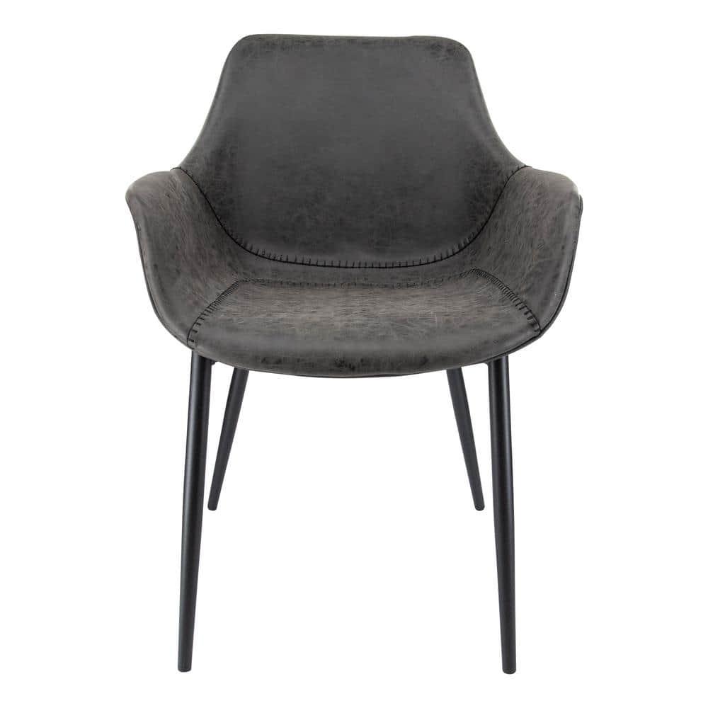 LeisureMod Markley Leather Dining Arm Chair With Metal Legs Set of 2 in Charcoal Black