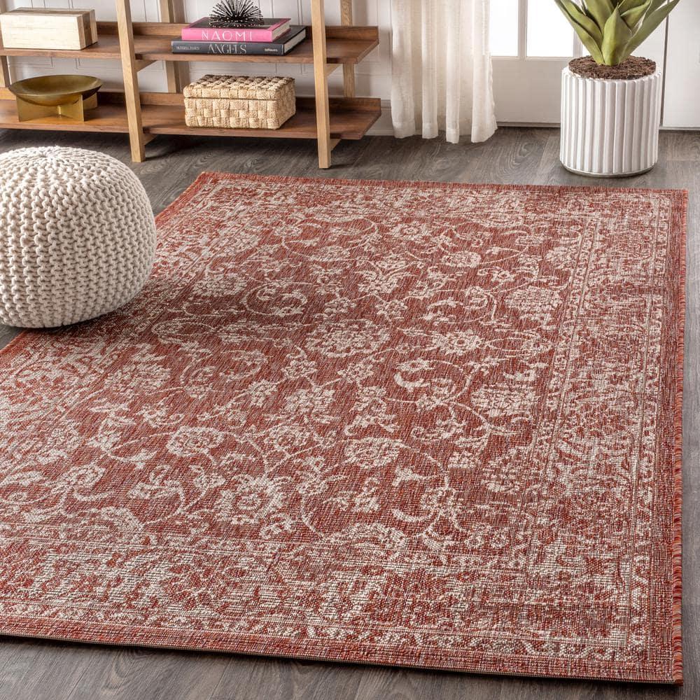 8'x10' Tela Bohemian Textured Weave Floral Indoor/Outdoor Area Rug, Red/Taupe - JONATHAN Y