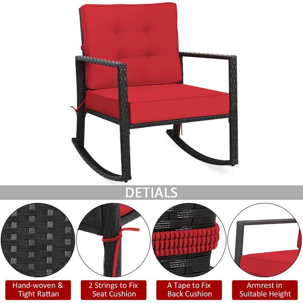 Costway 2PCS Patio Rattan Rocker Chair Outdoor Glider Wicker Rocking Chair Cushion Red