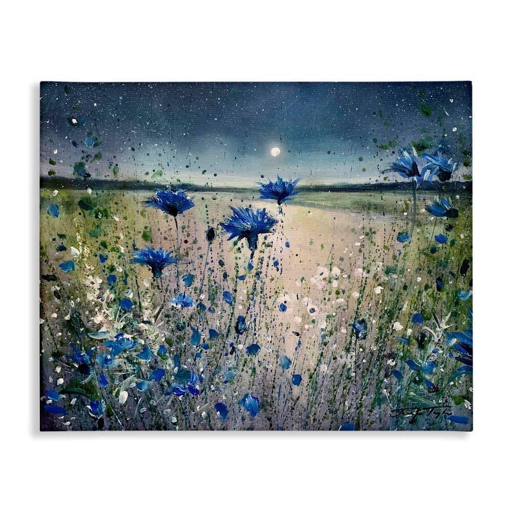 Stupell Industries Blooming Blue Flowers Night Moon Canvas Wall Art, 30 x 40