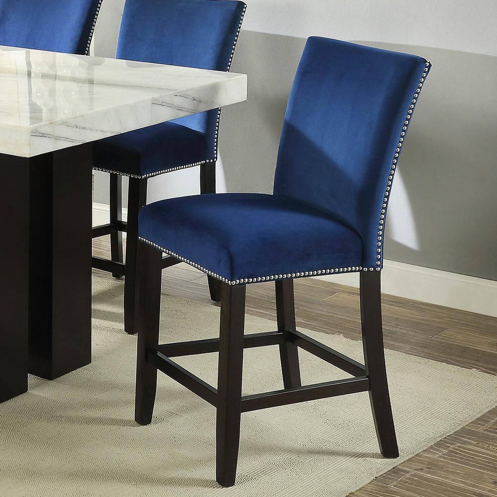 24" Set of 2 Camila Velvet Counter Height Barstools Blue - Steve Silver Co.: Nailhead Trim, Armless, Wood Legs, Spot Clean