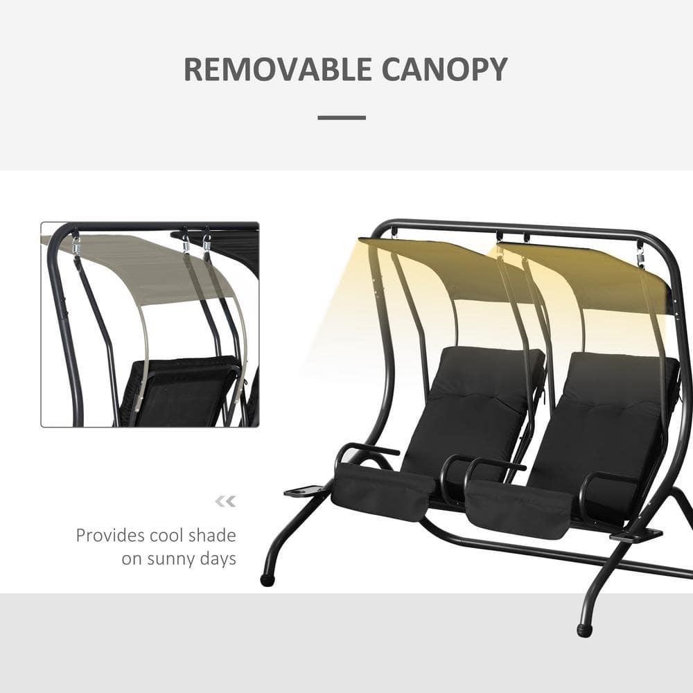 Outsunny Modern 2-Seater Outdoor Patio Swing Chair, Porch Seats with Cup Holder and Removeable Canopy, Black