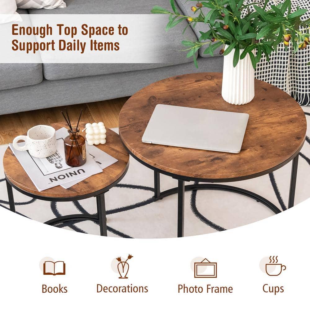 Costway Nesting Coffee Table Set of 2 for Balcony Living Room Modern Round Side Tables Rustic Brown
