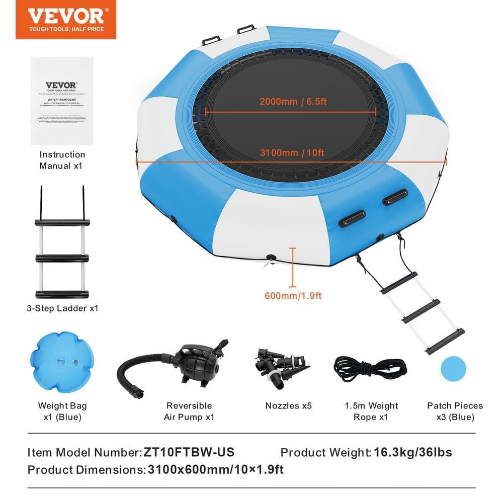VEVOR Inflatable Water Bouncer, 10ft Recreational Water Trampoline, Kids Adults Floating Rebounder for Pool, Lake, Water Sports