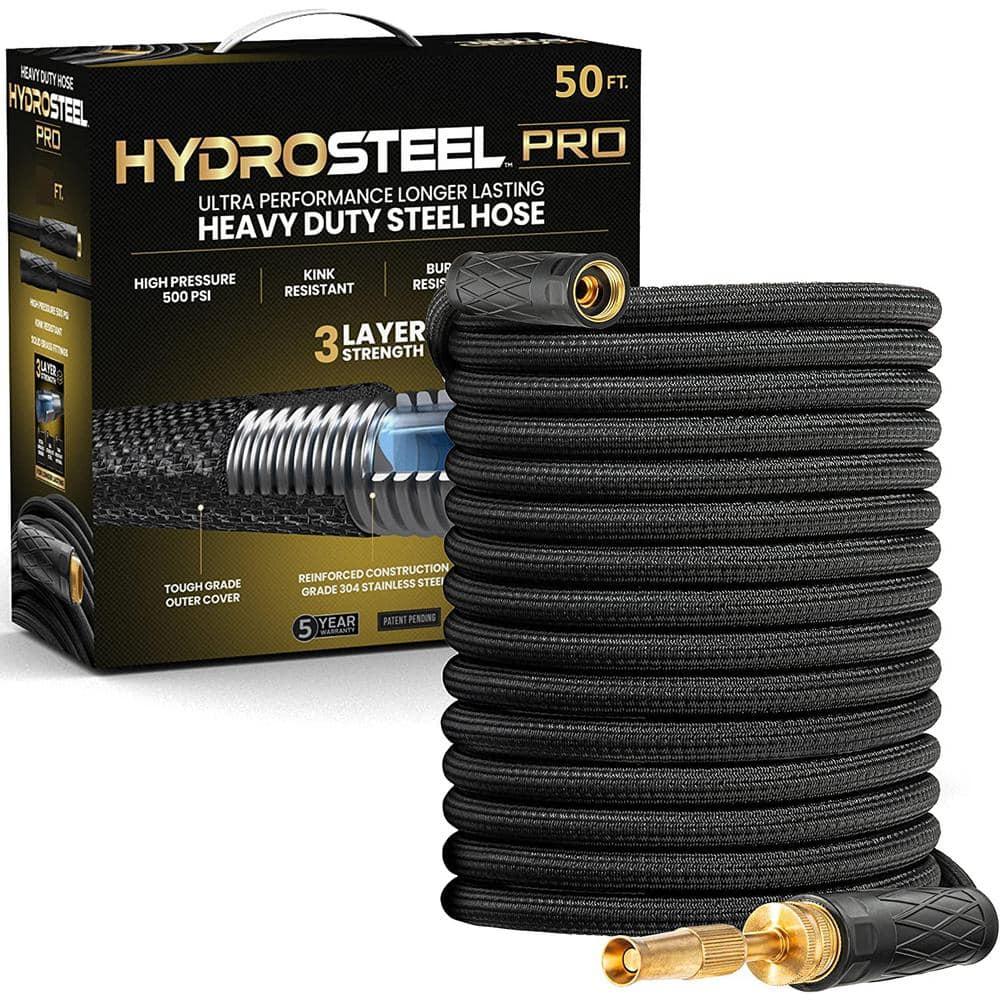 Hydrosteel Pro 50 Ft Heavy-Duty Flexible Lightweight 304 Stainless Steel Metal Water Hose with Brass Nozzle