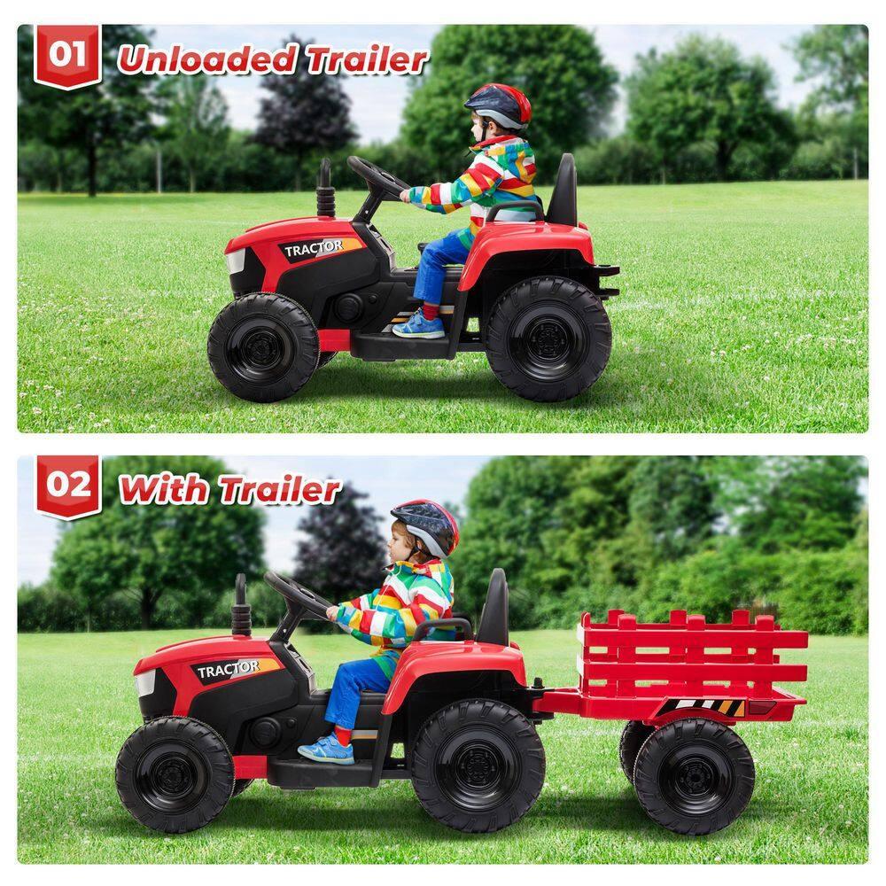 12V Kids Ride On Tractor with Trailer, Battery Powered Electric Car with Music, USB, Music, LED Lights