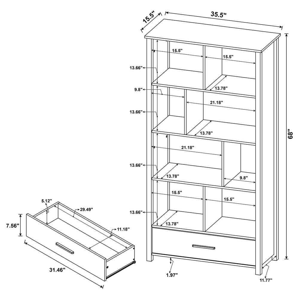 Coaster 68" Dylan 8 Shelf Bookcase with Storage Drawer White High Gloss : Laminated, Modern Design, Zinc Alloy Hardware