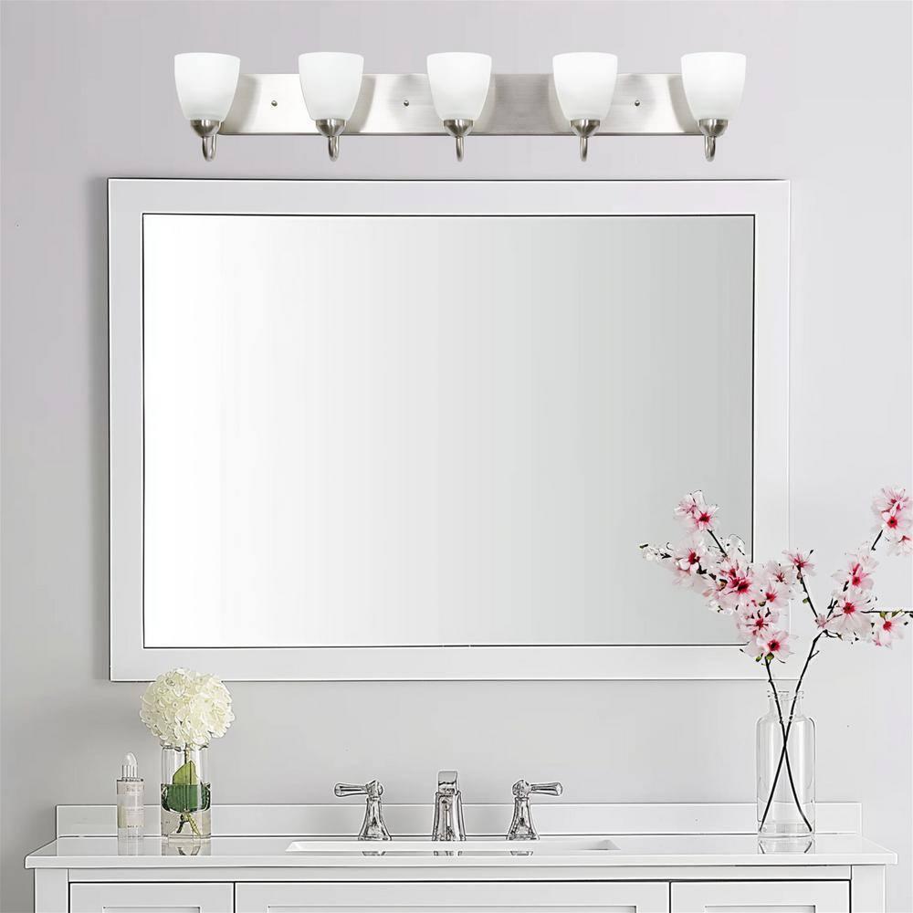 Kira Home Armada 37" 5-Light Over Mirror / Bathroom Light, Frosted Glass Shades, Curved Arms, Brushed Nickel