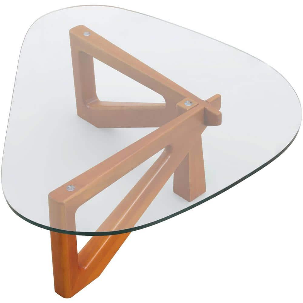 LeisureMod Imperial Collection Triangular Glass Top Coffee Table with Glossy Ash Wood Base for Home, Living Room, Office