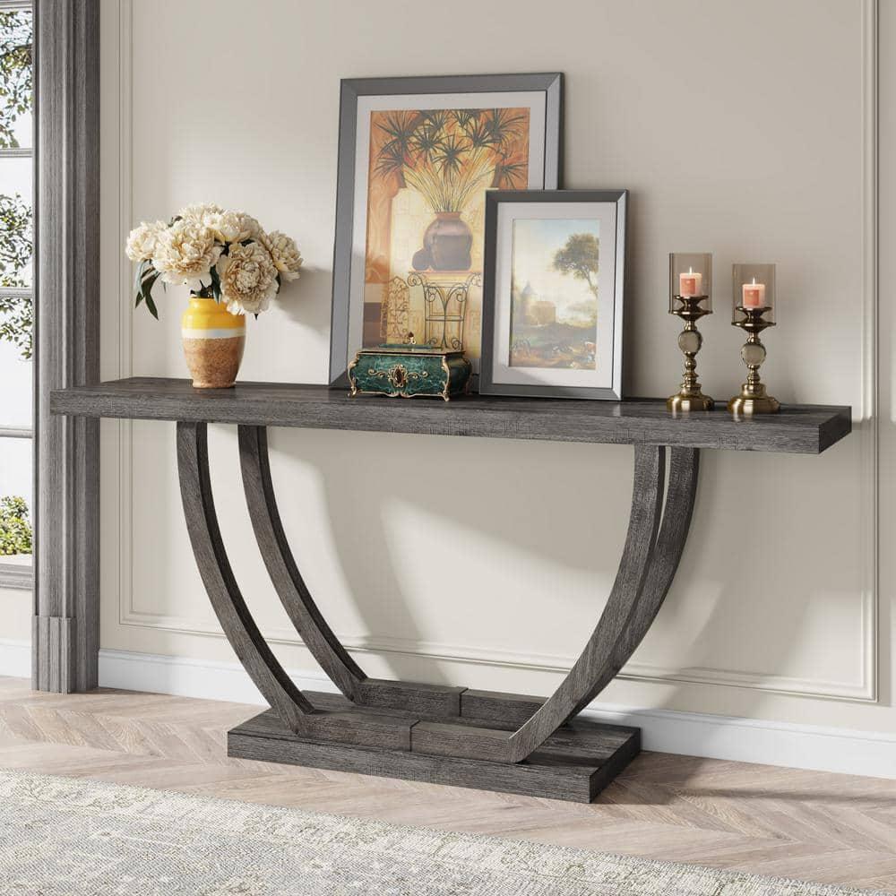 Resenkos Entryway Table, Console Sofa Table,63" Farmhouse Console Table, 2-Tier Entryway Sofa Table Gray