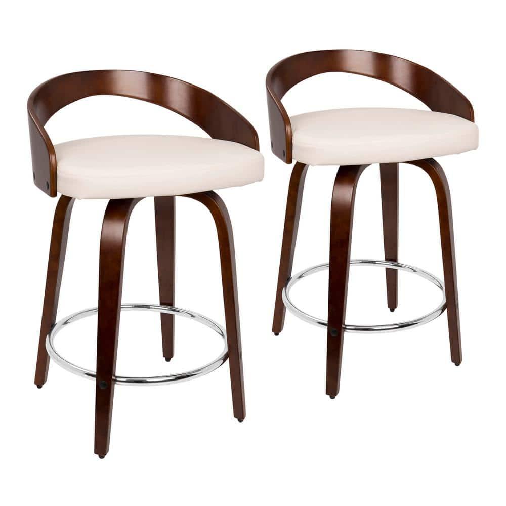 Set of 2 Grotto Upholstered Counter Height Barstools White/Cherry - Lumisource: Swivel, Chrome Footrest, Wood Legs