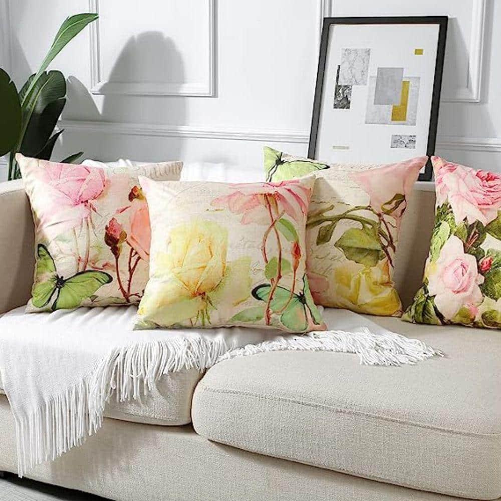 Artscope Set of 4 Waterproof Throw Pillow Covers 18x18 Inches, Pink Roses and Butterfly Pattern Decorative Cushion Covers, Perfect to Outdoor Patio Garden Living Room Sofa Farmhouse Decor