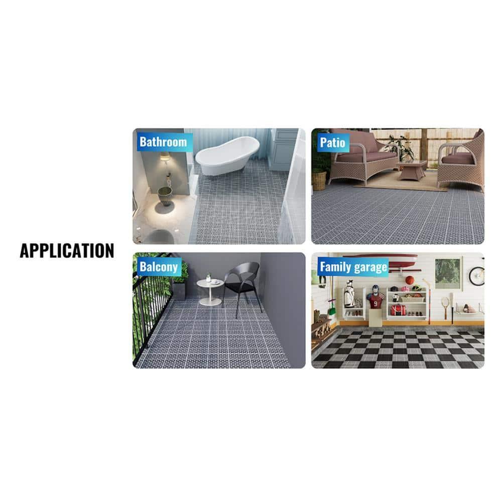 LoLado 12Pcs Plastic Interlocking Deck Tiles 12" x 12" Rosette Pattern Waterproof Outdoor All Weather Anti-slip Tiles for Bathroom Shower Balcony Porch, Gray