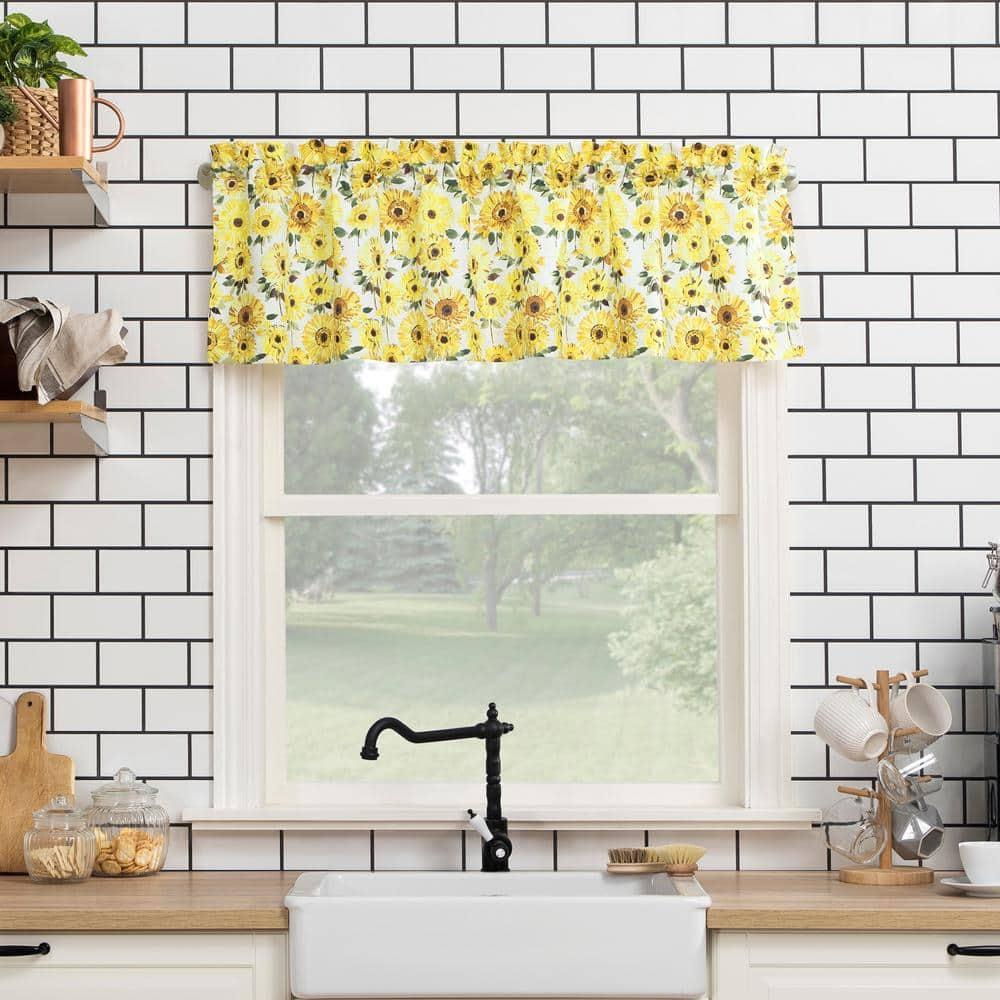 Sunny Sunflower Print Yellow 54 in. W x 14 in. L Rod Pocket Light Filtering Curtain Valance for Kitchens (Single Panel)
