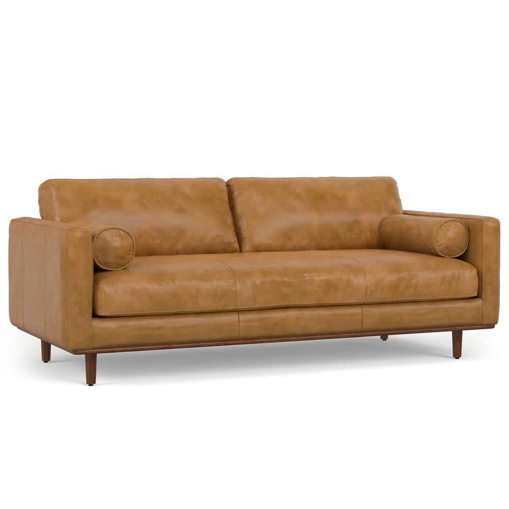 Simpli Home Morrison Genuine Leather Sofa, Mid-Century Modern Couch for Living Room, Handcrafted with Removable Cushions