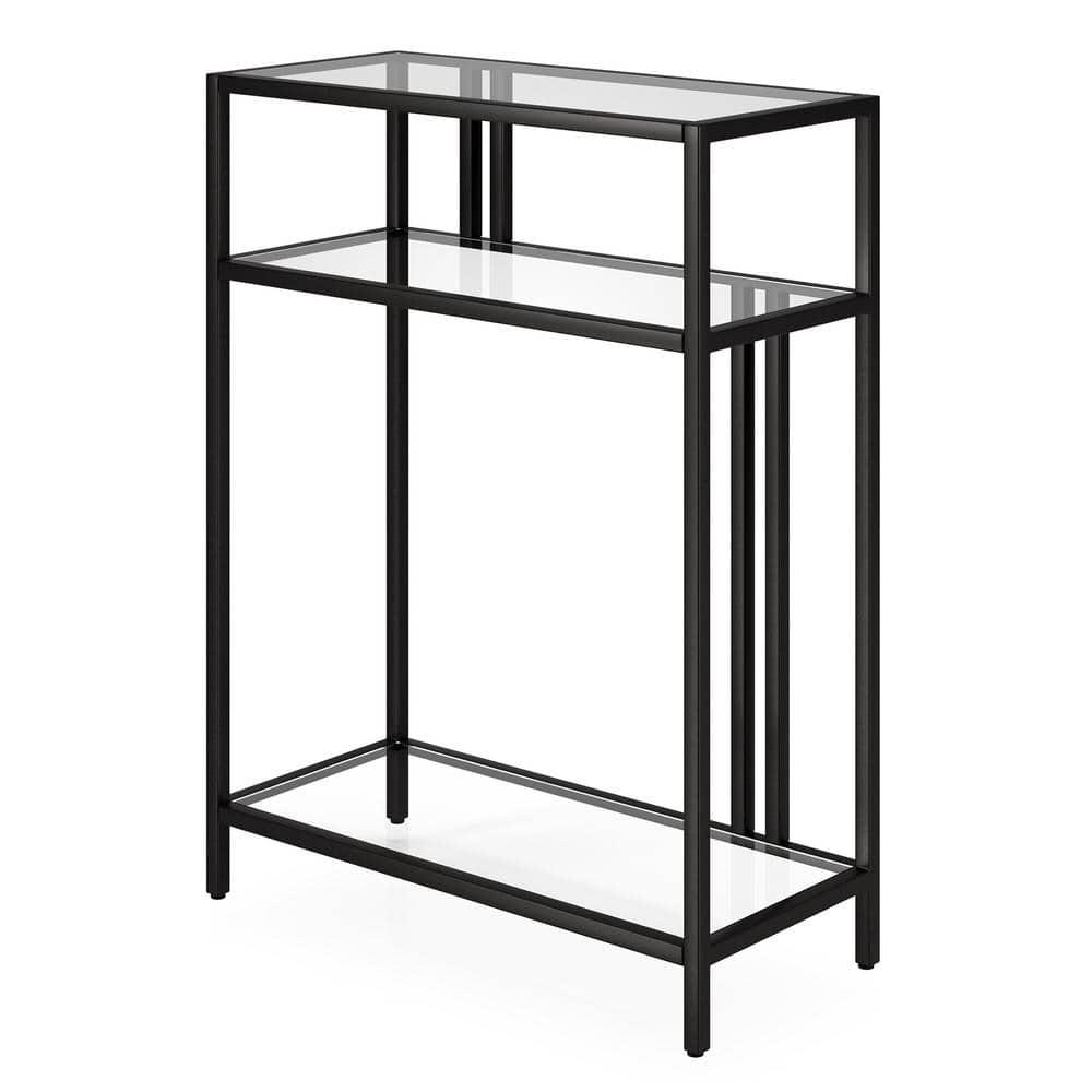 Evelyn&Zoe Cortland 22" Wide Rectangular Console Table with Glass Shelves, Blackened Bronze
