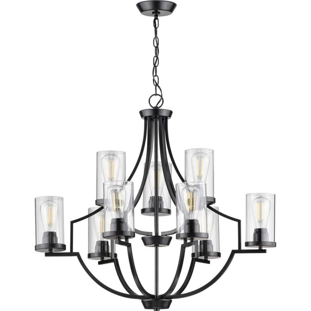 Progress Lighting, Lassiter Collection, 9-Light Chandelier, Matte Black, Clear Glass Shades