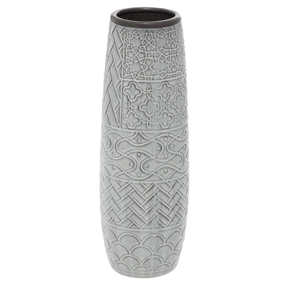 Ceramic Slim Engraved Patterned Decorative Gray Vase