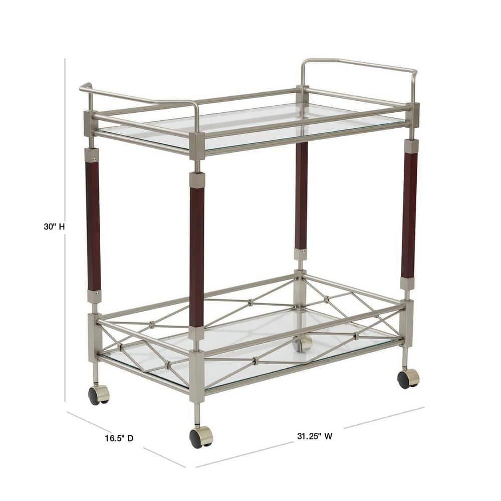 Melrose Serving Cart with Clear Tempered Glass and Nickel Brush Metal Frame