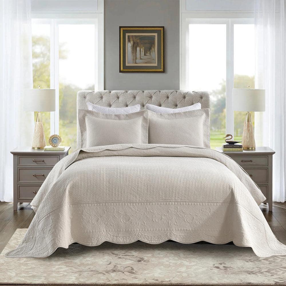 Marcielo 3-Pcs 100% Cotton Oversized Quilt Bedspread Set TG Khaki Beige Queen