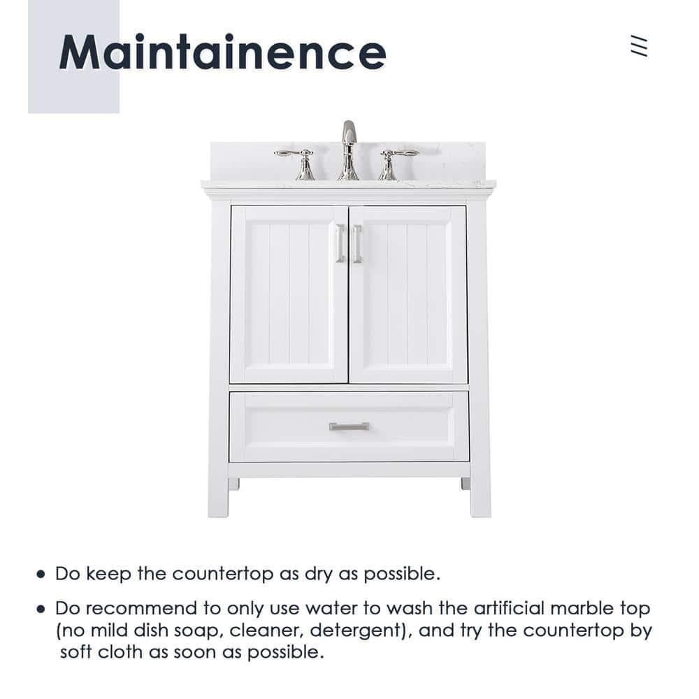 Isla 30" Single Bathroom Vanity Set in White and Carrara White Marble Countertop without Mirror