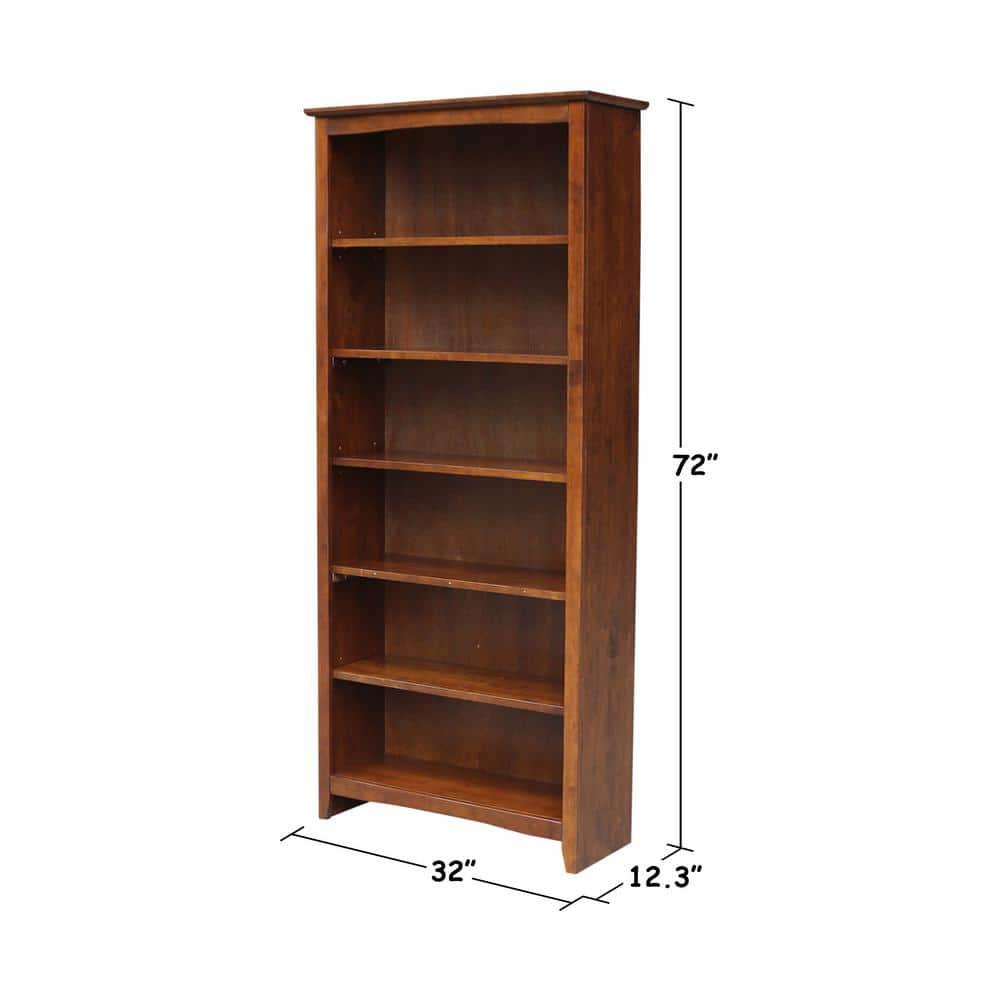 72" Shaker Bookshelf Espresso - International Concepts: Solid Parawood, 6 Fixed Shelves