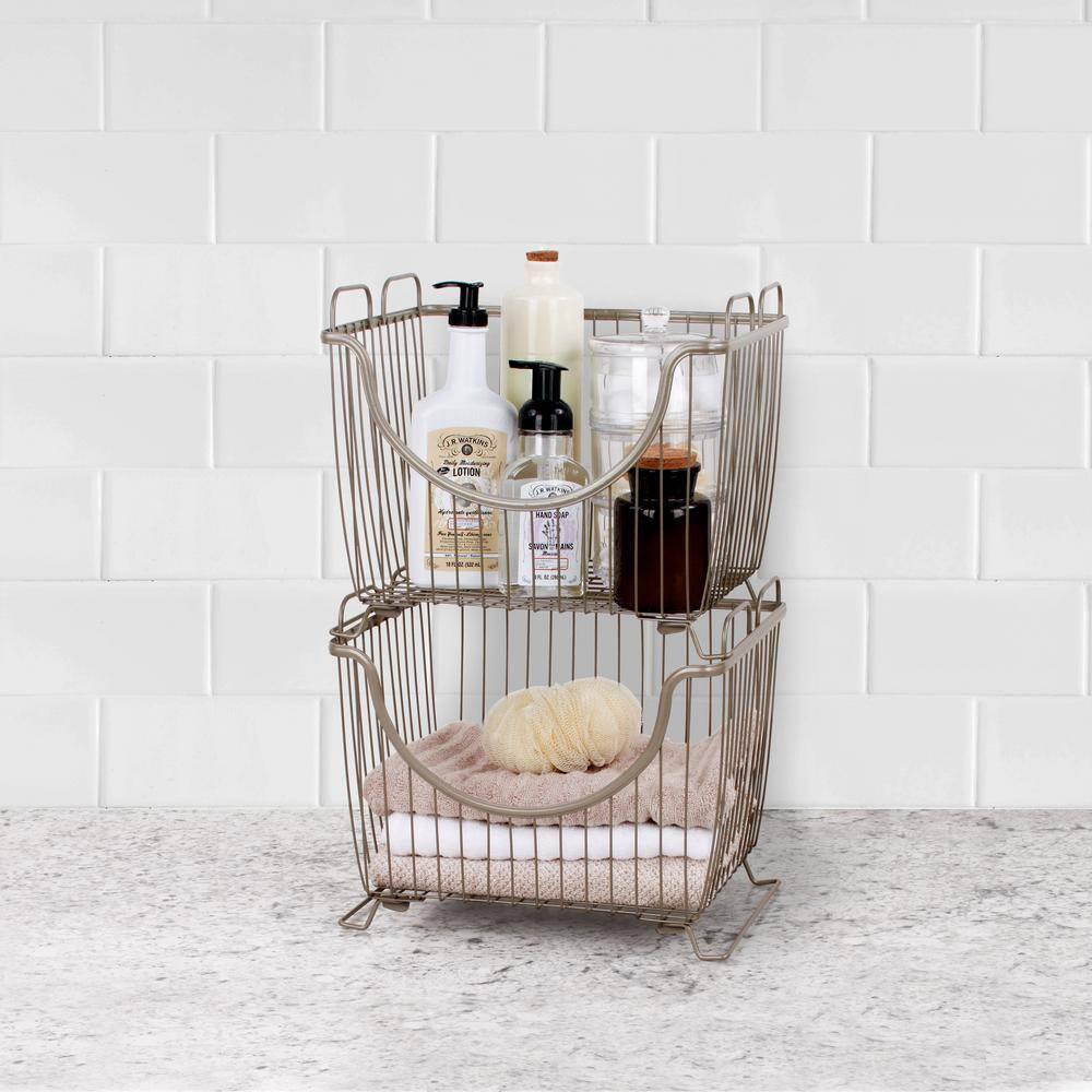Spectrum Diversified Ashley Steel Stackable Wire Basket with Raised Feet and Looped Handles, Modular Stacking Bin System for Kitchen Countertop and Desk Organization, Large, Satin Nickel