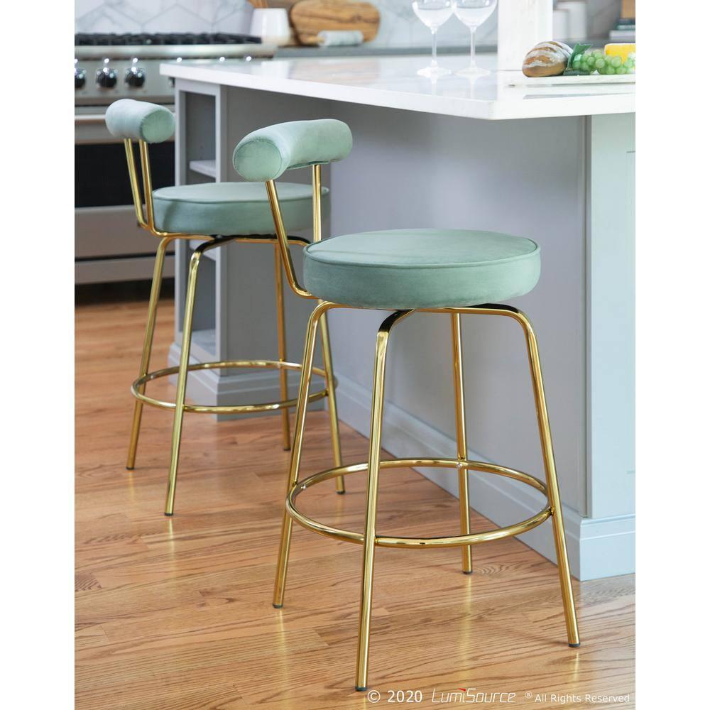 LumiSource Set of 2 Rhonda Glam Counter Height Barstools Sage Green Velvet: Upholstered Swivel, Metal Legs, Spot Clean