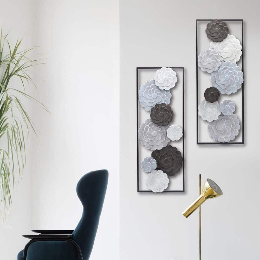 LuxenHome Multi-Color Flowers Metal Rectangular Panels Wall Decor Wall Art, Set of 2 Multicolored