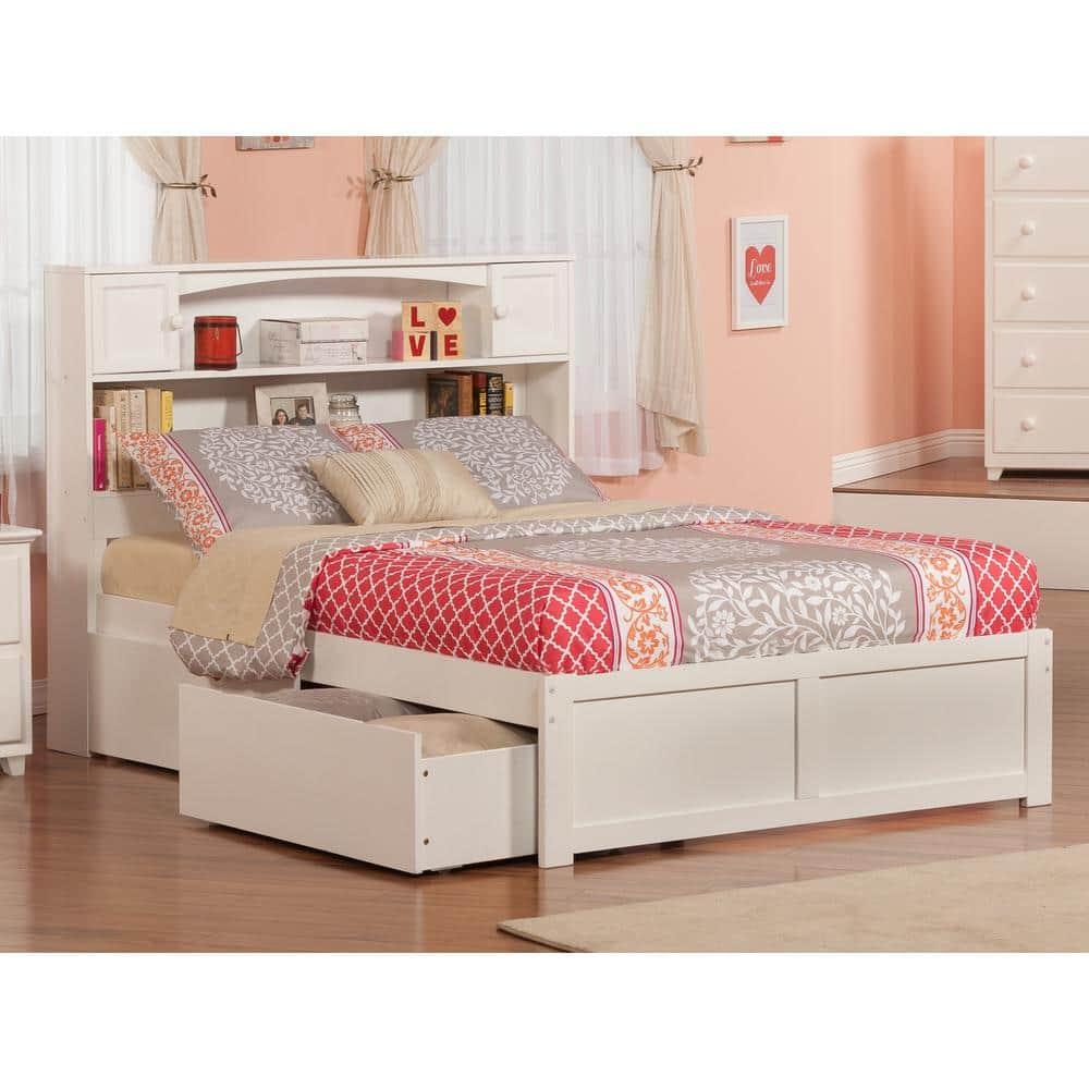 Newport Full White Wood Bookcase Bed with Storage Drawers