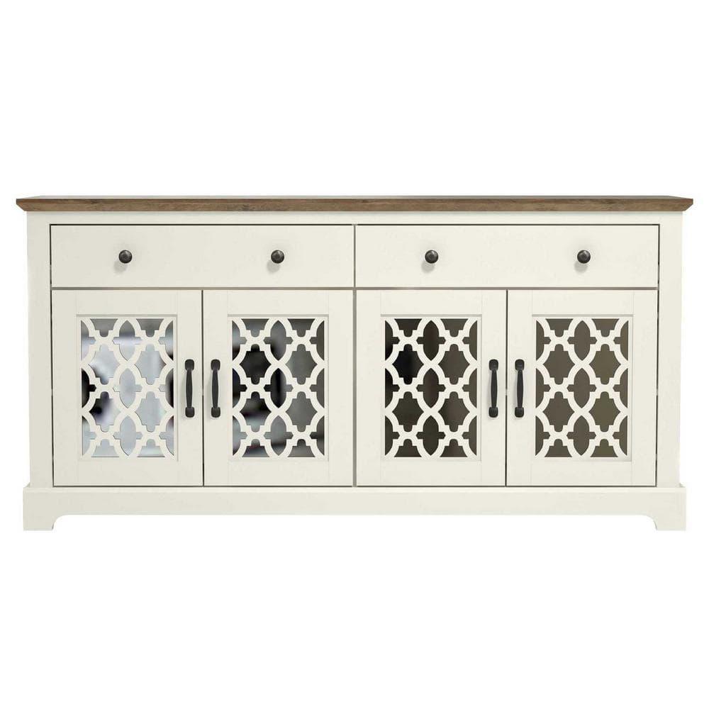 Galano Heron Ivory and Knotty Oak Wood 59.1in. 4 Door Wide Sideboard with Adjustable Shelves and Drawers Galano
