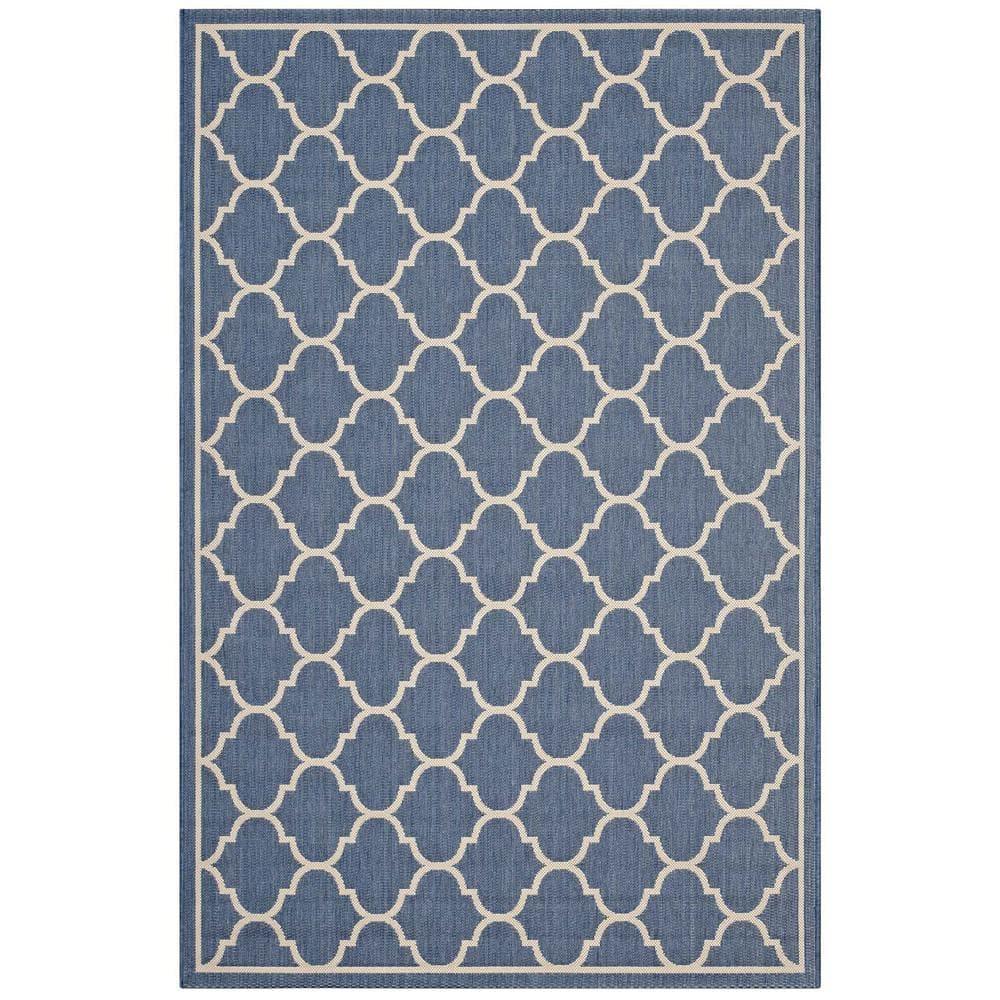 Modway Avena Moroccan Quatrefoil Trellis 8x10 Indoor and Outdoor Area Rug - Blue and Beige,  100% Soft Polypropylene ,  Tight Low Pile Weave