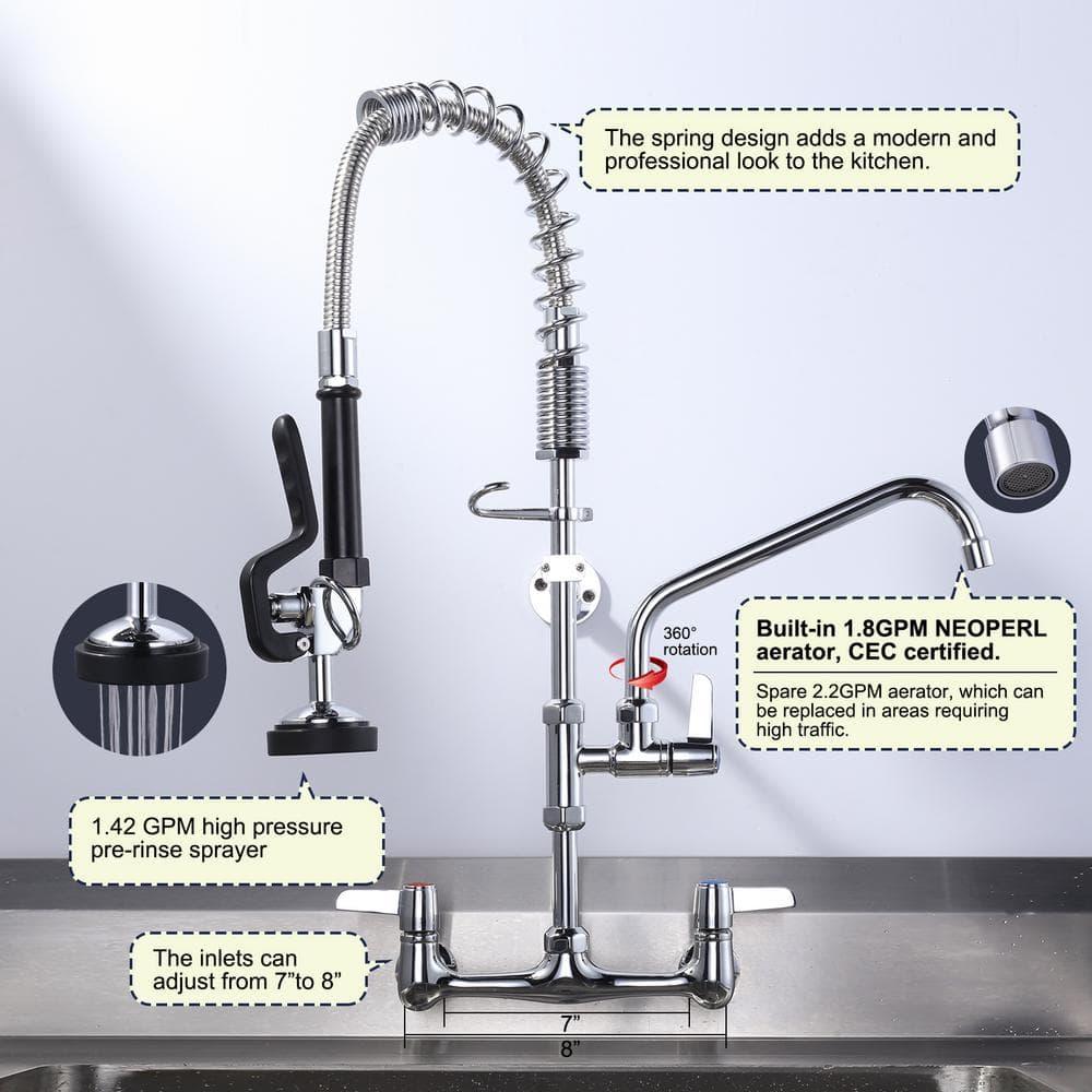Commercial Kitchen Sink Faucet with Pull Down Sprayer, Pre-Rinse Wall Mount Faucet Chrome Commercial Kitchen Faucets with Sprayer 25" Height Water Faucets with 9.6" Add-on Swing Spout for Restaurant