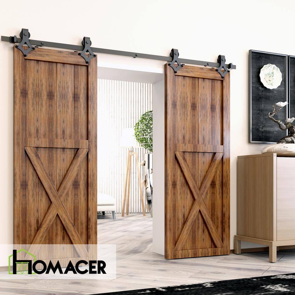 Homacer Black Rustic Sliding Barn Door Hardware Kit, for Two/Double Doors, 8ft Long Flat Track, Diamond Design Roller, Heavy Duty, for Interior & Exterior Use