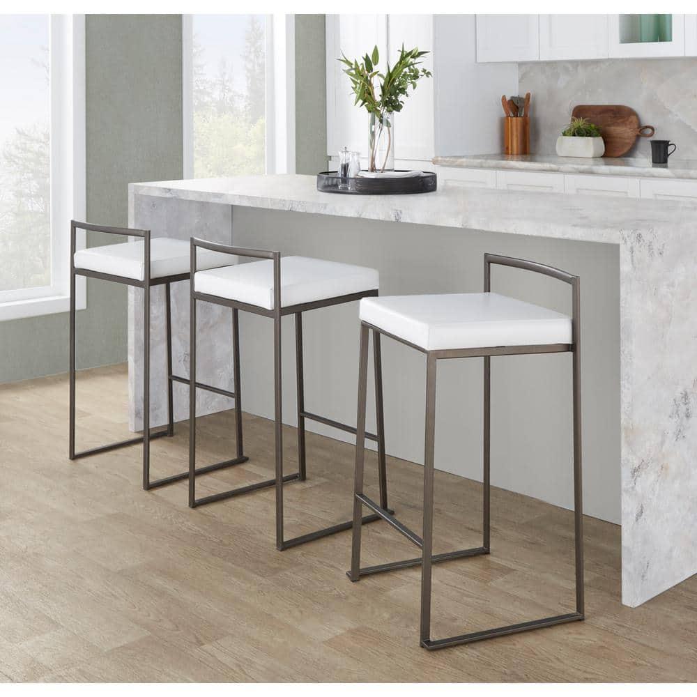 Set of 26" Fuji Contemporary Stackable Counter Height Barstool Antique Coin with White Faux Leather Cushion - Lumisource: Metal Frame