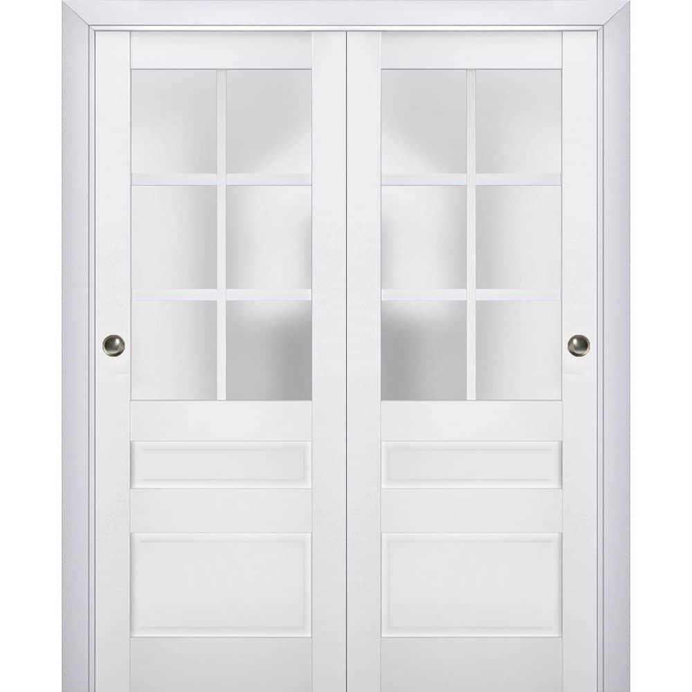 Sliding Closet Bypass Doors with Frosted Glass | Veregio 7339 White Silk | Sturdy Rails Moldings Trims Hardware Set | Wood Solid Bedroom Wardrobe Doors -64" x 84" (2* 32x84)