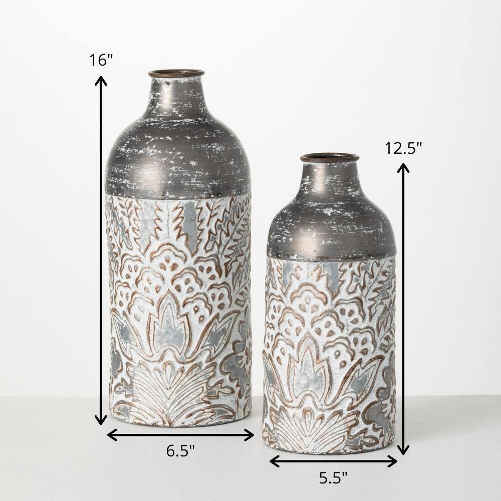 Sullivans Metal Baroque Printed Metal Vase Set of 2, 16"H & 12.5"H Gray
