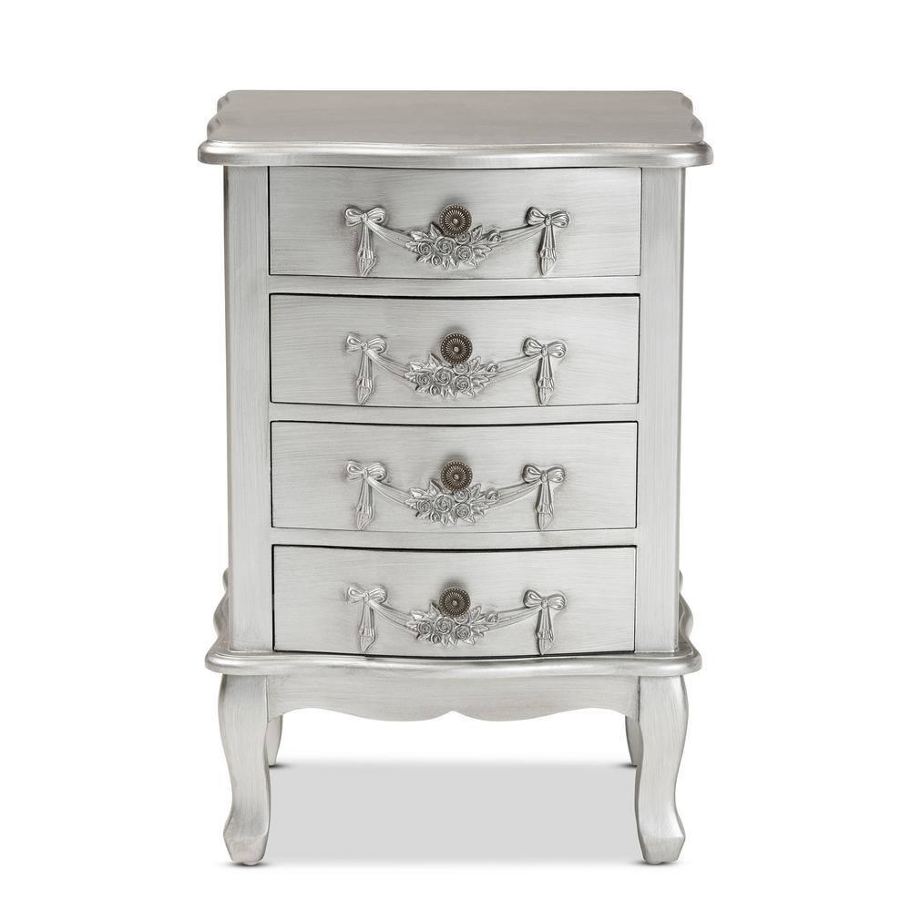 Callen Brushed Wood 4 Drawer Nightstand Silver - Baxton Studio